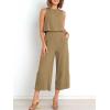 image:imageANRABESS Womens Summer 2 Piece Outfits Sleeveless Crop Top Capri Wide Leg Pants Jumpsuit Linen Lounge Beach Travel SetsKhaki