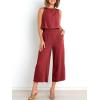 image:imageANRABESS Womens Summer 2 Piece Outfits Sleeveless Crop Top Capri Wide Leg Pants Jumpsuit Linen Lounge Beach Travel SetsWine Red