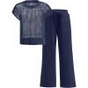image:imageANRABESS Women Two Piece Outfits Crochet Sheer Knit Sweater Top Wide Leg Pants Lounge Matching Sets Sweatsuit Travel ClothesNavy Blue