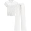 image:imageANRABESS Women Two Piece Outfits Crochet Sheer Knit Sweater Top Wide Leg Pants Lounge Matching Sets Sweatsuit Travel ClothesWhite