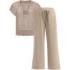 image:imageANRABESS Womens 2 Piece Outfits Crochet Knit Half Zip Sweater Top Wide Leg Pants Summer Lounge Matching Sets Travel ClothesAlmond