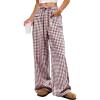 image:imageANRABESS Womens Striped Gingham Pants 2026 Pajama Drawstring Wide Leg Lounge Plaid Pants Cute Casual Trousers with PocketsBrown White Plaid