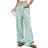 image:imageANRABESS Womens Striped Gingham Pants 2026 Pajama Drawstring Wide Leg Lounge Plaid Pants Cute Casual Trousers with PocketsGreen White Plaid