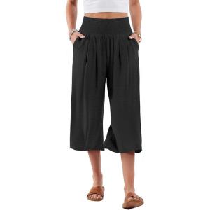 image:imageANRABESS Capris Pants for Women Summer Casual Loose Flowy High Waisted Smocked Palazzo 2026 Lounge Beach Cropped TrousersBlack