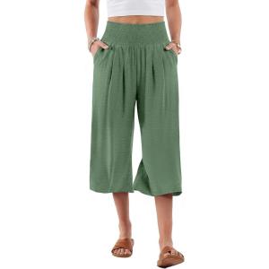image:imageANRABESS Capris Pants for Women Summer Casual Loose Flowy High Waisted Smocked Palazzo 2026 Lounge Beach Cropped TrousersGrass Green