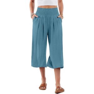 image:imageANRABESS Capris Pants for Women Summer Casual Loose Flowy High Waisted Smocked Palazzo 2026 Lounge Beach Cropped TrousersLake