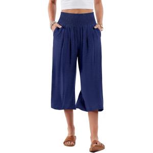 image:imageANRABESS Capris Pants for Women Summer Casual Loose Flowy High Waisted Smocked Palazzo 2026 Lounge Beach Cropped TrousersNavy Blue