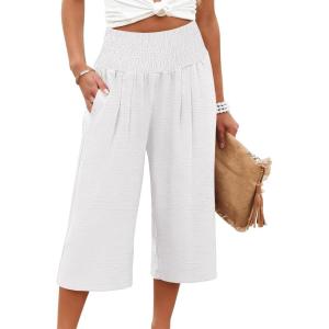 image:imageANRABESS Capris Pants for Women Summer Casual Loose Flowy High Waisted Smocked Palazzo 2026 Lounge Beach Cropped TrousersWhite