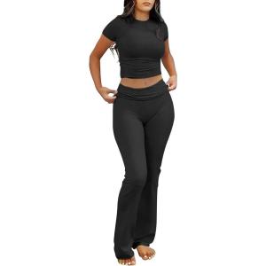 image:imageANRABESS Lounge Sets for Women 2 Piece Foldover Yoga Flare Leggings Pants Crop Tops Casual Y2K Outfits Matching Tracksuit SetBlack