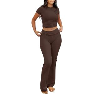image:imageANRABESS Lounge Sets for Women 2 Piece Foldover Yoga Flare Leggings Pants Crop Tops Casual Y2K Outfits Matching Tracksuit SetBrown