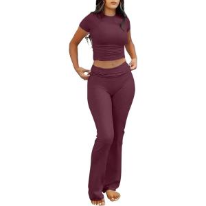 image:imageANRABESS Lounge Sets for Women 2 Piece Foldover Yoga Flare Leggings Pants Crop Tops Casual Y2K Outfits Matching Tracksuit SetBurgundy