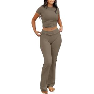 image:imageANRABESS Lounge Sets for Women 2 Piece Foldover Yoga Flare Leggings Pants Crop Tops Casual Y2K Outfits Matching Tracksuit SetCoffee Grey
