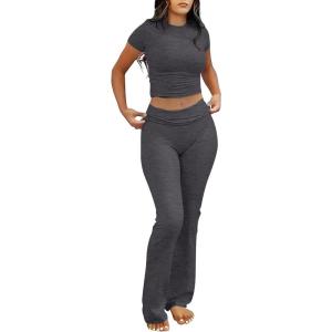 image:imageANRABESS Lounge Sets for Women 2 Piece Foldover Yoga Flare Leggings Pants Crop Tops Casual Y2K Outfits Matching Tracksuit SetDark Gray