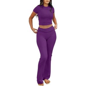 image:imageANRABESS Lounge Sets for Women 2 Piece Foldover Yoga Flare Leggings Pants Crop Tops Casual Y2K Outfits Matching Tracksuit SetDeep Purple