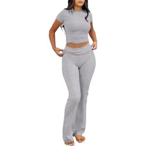 image:imageANRABESS Lounge Sets for Women 2 Piece Foldover Yoga Flare Leggings Pants Crop Tops Casual Y2K Outfits Matching Tracksuit SetGrey