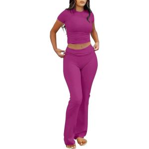 image:imageANRABESS Lounge Sets for Women 2 Piece Foldover Yoga Flare Leggings Pants Crop Tops Casual Y2K Outfits Matching Tracksuit SetHot Pink