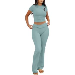 image:imageANRABESS Lounge Sets for Women 2 Piece Foldover Yoga Flare Leggings Pants Crop Tops Casual Y2K Outfits Matching Tracksuit SetLake Green