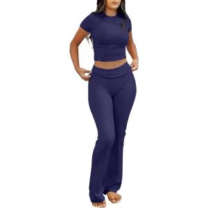 image:imageANRABESS Lounge Sets for Women 2 Piece Foldover Yoga Flare Leggings Pants Crop Tops Casual Y2K Outfits Matching Tracksuit SetNavy Blue