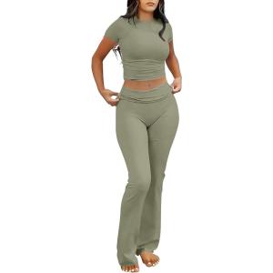 image:imageANRABESS Lounge Sets for Women 2 Piece Foldover Yoga Flare Leggings Pants Crop Tops Casual Y2K Outfits Matching Tracksuit SetOlive