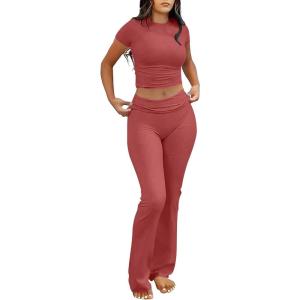 image:imageANRABESS Lounge Sets for Women 2 Piece Foldover Yoga Flare Leggings Pants Crop Tops Casual Y2K Outfits Matching Tracksuit SetPeach