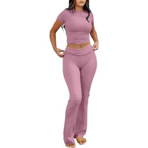 image:imageANRABESS Lounge Sets for Women 2 Piece Foldover Yoga Flare Leggings Pants Crop Tops Casual Y2K Outfits Matching Tracksuit SetPink
