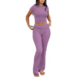 image:imageANRABESS Lounge Sets for Women 2 Piece Foldover Yoga Flare Leggings Pants Crop Tops Casual Y2K Outfits Matching Tracksuit SetPurple