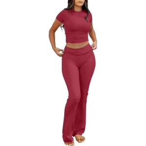 image:imageANRABESS Lounge Sets for Women 2 Piece Foldover Yoga Flare Leggings Pants Crop Tops Casual Y2K Outfits Matching Tracksuit SetRed