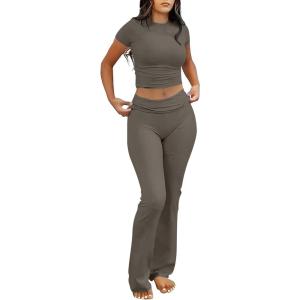 image:imageANRABESS Lounge Sets for Women 2 Piece Foldover Yoga Flare Leggings Pants Crop Tops Casual Y2K Outfits Matching Tracksuit SetTaupe