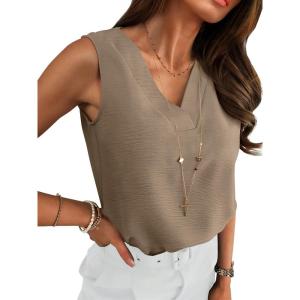 image:imageANRABESS Tank Top for Women Dressy Casual Business Work Blouses Sleeveless V Neck Textured Tops 2026 Spring Summer OutfitsKhaki