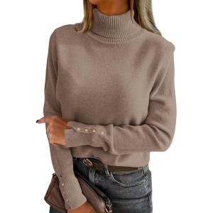 image:imageANRABESS Turtleneck Sweaters for Women Long Sleeve Dressy Casual Soft Knitted Button Pullover Tops 2025 Fall Winter ClothesBright Tan
