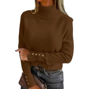 image:imageANRABESS Turtleneck Sweaters for Women Long Sleeve Dressy Casual Soft Knitted Button Pullover Tops 2025 Fall Winter ClothesDeep Caramel