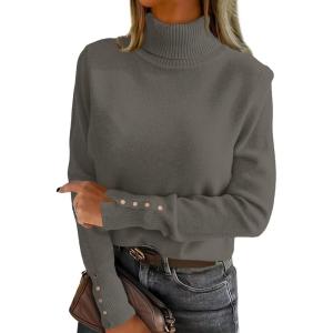 image:imageANRABESS Turtleneck Sweaters for Women Long Sleeve Dressy Casual Soft Knitted Button Pullover Tops 2025 Fall Winter ClothesGrey Khaki