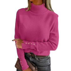 image:imageANRABESS Turtleneck Sweaters for Women Long Sleeve Dressy Casual Soft Knitted Button Pullover Tops 2025 Fall Winter ClothesHot Pink