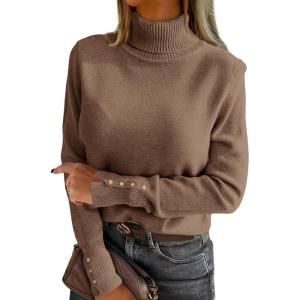 image:imageANRABESS Turtleneck Sweaters for Women Long Sleeve Dressy Casual Soft Knitted Button Pullover Tops 2025 Fall Winter ClothesLight Camel
