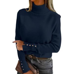 image:imageANRABESS Turtleneck Sweaters for Women Long Sleeve Dressy Casual Soft Knitted Button Pullover Tops 2025 Fall Winter ClothesNavy Blue