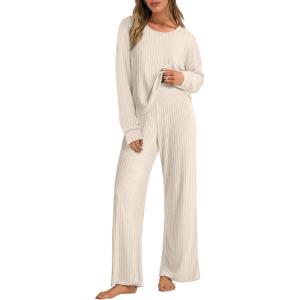 image:imageANRABESS Women 2 Piece Lounge Pajamas Sets Casual Ribbed Knit Long Sleeve Top Pants Matching Set 2025 Fall Outfits ClothesBeige