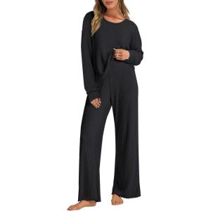 image:imageANRABESS Women 2 Piece Lounge Pajamas Sets Casual Ribbed Knit Long Sleeve Top Pants Matching Set 2025 Fall Outfits ClothesBlack