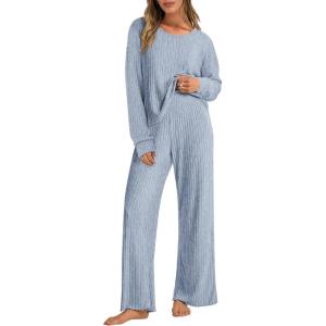 image:imageANRABESS Women 2 Piece Lounge Pajamas Sets Casual Ribbed Knit Long Sleeve Top Pants Matching Set 2025 Fall Outfits ClothesBlue