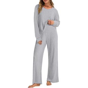 image:imageANRABESS Women 2 Piece Lounge Pajamas Sets Casual Ribbed Knit Long Sleeve Top Pants Matching Set 2025 Fall Outfits ClothesGrey