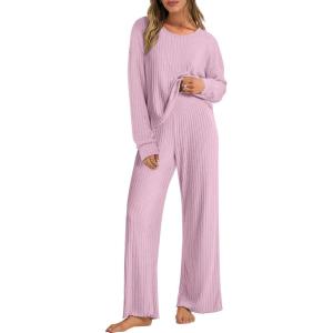 image:imageANRABESS Women 2 Piece Lounge Pajamas Sets Casual Ribbed Knit Long Sleeve Top Pants Matching Set 2025 Fall Outfits ClothesPink