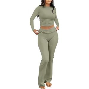 image:imageANRABESS Women 2 Piece Outfits Spring Lounge Sets Long Sleeve Cropped Top Fold Over Flare Pants Comfy Pajamas Set Y2K ClothesArmy Green