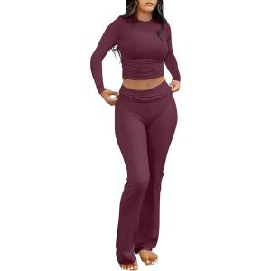 image:imageANRABESS Women 2 Piece Outfits Spring Lounge Sets Long Sleeve Cropped Top Fold Over Flare Pants Comfy Pajamas Set Y2K ClothesBurgundy