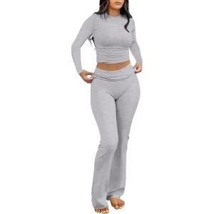 image:imageANRABESS Women 2 Piece Outfits Spring Lounge Sets Long Sleeve Cropped Top Fold Over Flare Pants Comfy Pajamas Set Y2K ClothesGrey