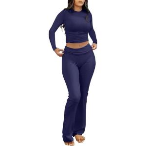 image:imageANRABESS Women 2 Piece Outfits Spring Lounge Sets Long Sleeve Cropped Top Fold Over Flare Pants Comfy Pajamas Set Y2K ClothesNavy Blue