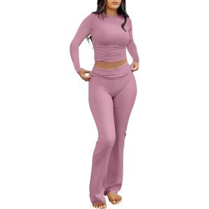 image:imageANRABESS Women 2 Piece Outfits Spring Lounge Sets Long Sleeve Cropped Top Fold Over Flare Pants Comfy Pajamas Set Y2K ClothesPink