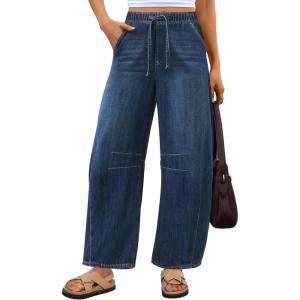 image:imageANRABESS Women Barrel Jeans High Waisted Wide Leg Drawstring Denim Pants Y2K Baggy Loose Fit Trouser Jeans with PocketsDark Blue