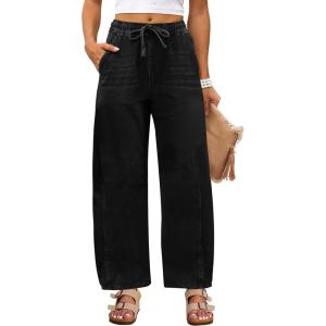image:imageANRABESS Women Barrel Jeans High Waisted Wide Leg Drawstring Denim Pants Y2K Baggy Loose Fit Trouser Jeans with PocketsFaded Black
