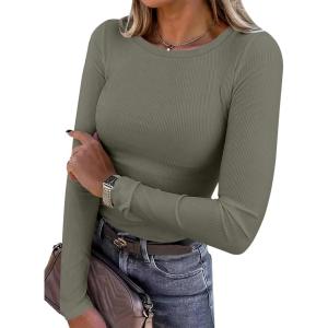 image:imageANRABESS Women Long Sleeve Shirts Rib Knit Slim Fit Tops Basic Tee Spring Outfits Casual TShirt Underscrubs Layer ClothesArmy Green