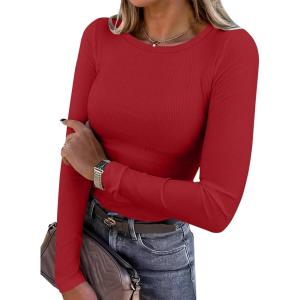 image:imageANRABESS Women Long Sleeve Shirts Rib Knit Slim Fit Tops Basic Tee Spring Outfits Casual TShirt Underscrubs Layer ClothesBright Red