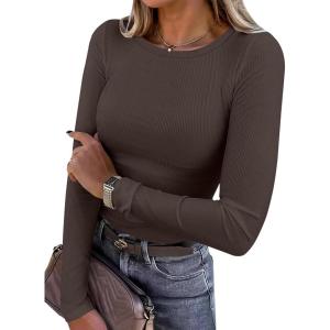 image:imageANRABESS Women Long Sleeve Shirts Rib Knit Slim Fit Tops Basic Tee Spring Outfits Casual TShirt Underscrubs Layer ClothesBrown